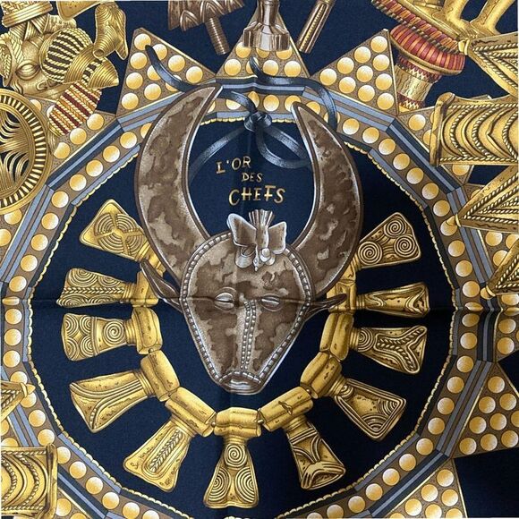 Hermes Kare90 L’OR DES Chefs Chiefs’ Gold Silk Scarf Black Ladies Used - Picture 5 of 7